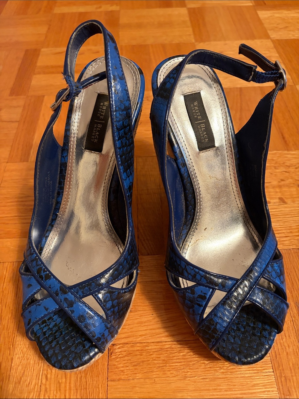 White House Black Market Blue Snake-Print Crisscross Slingback Heels